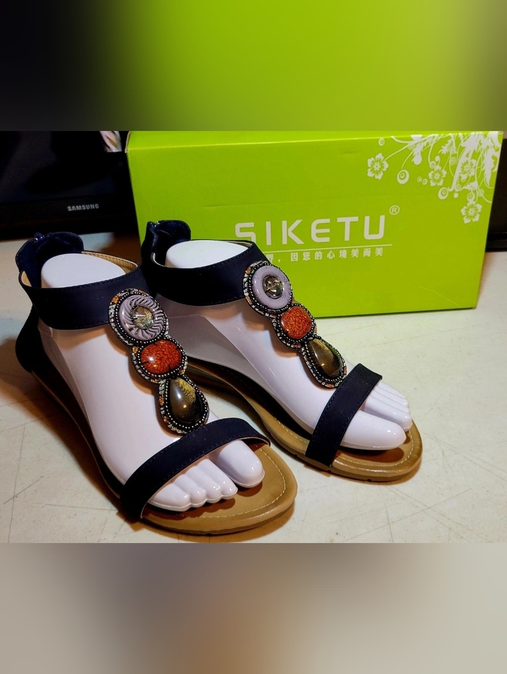 Women's 9 Sandels Siketu Bohemian-style slingback Zipper /beaded Navy Blue